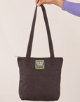 Over-Shoulder Zip Mini Tote in Espresso Brown held by model