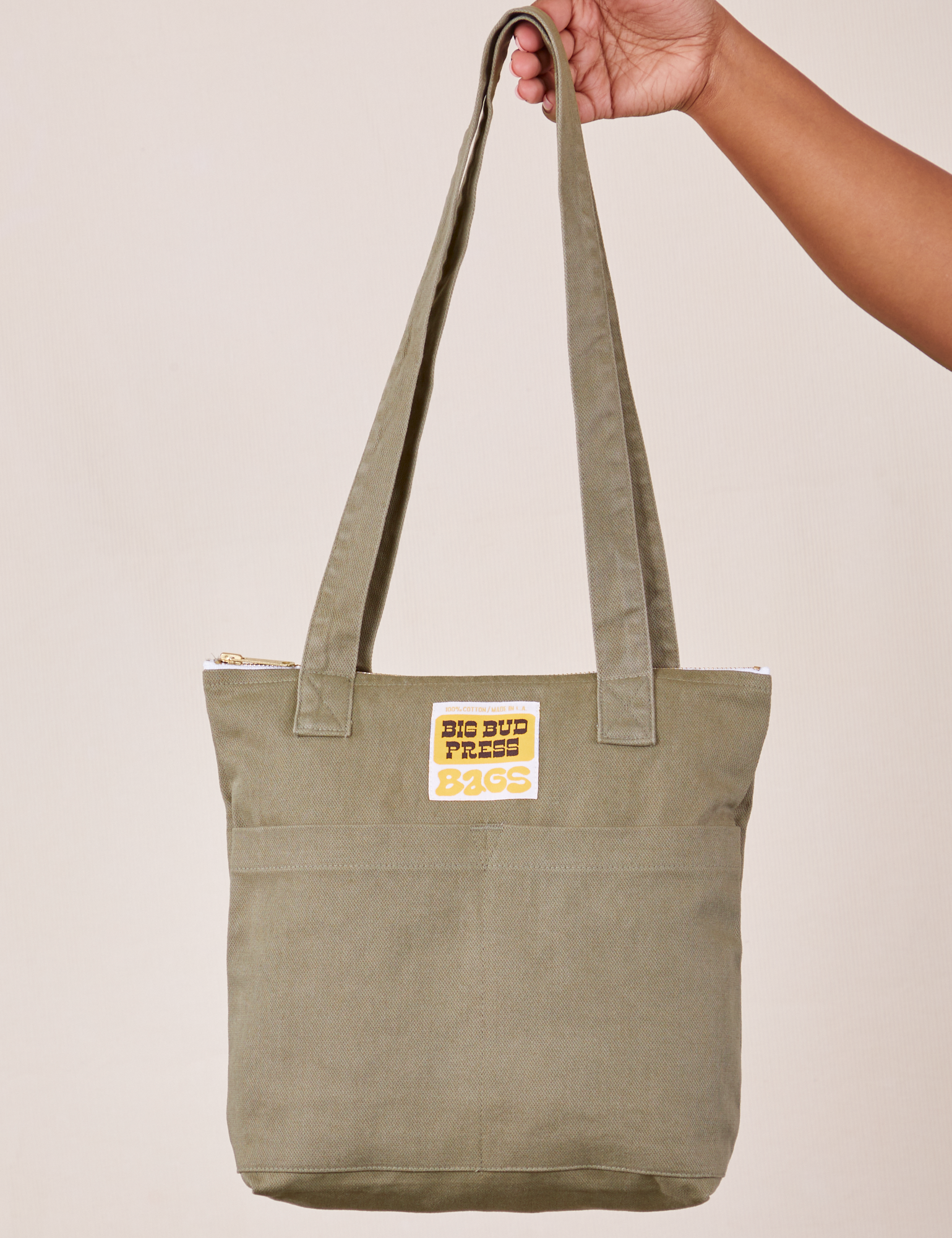 Over-Shoulder Zip Mini Tote in Khaki Grey held by model