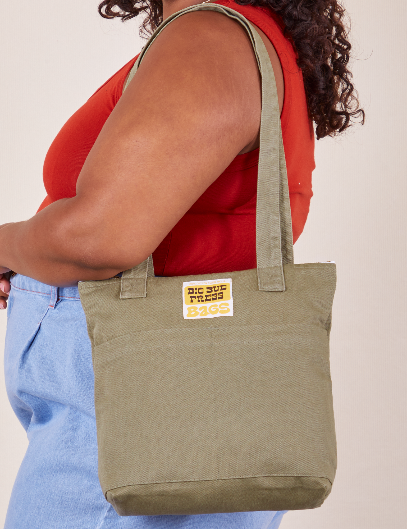 Over-Shoulder Zip Mini Tote in Khaki Grey worn on shoulder