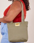 Over-Shoulder Zip Mini Tote in Khaki Grey worn on shoulder