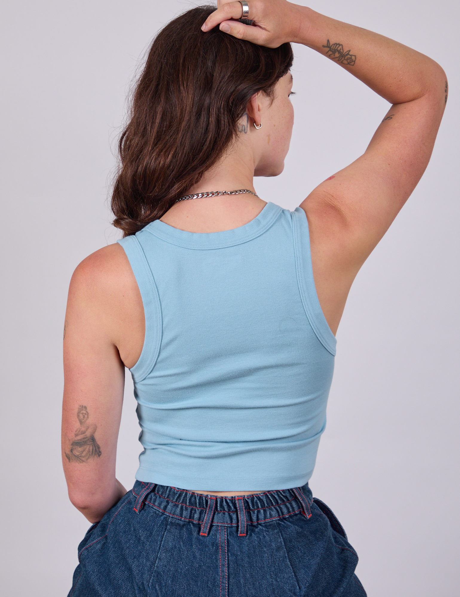 Cropped Tank Top in Baby Blue back view on Alex
