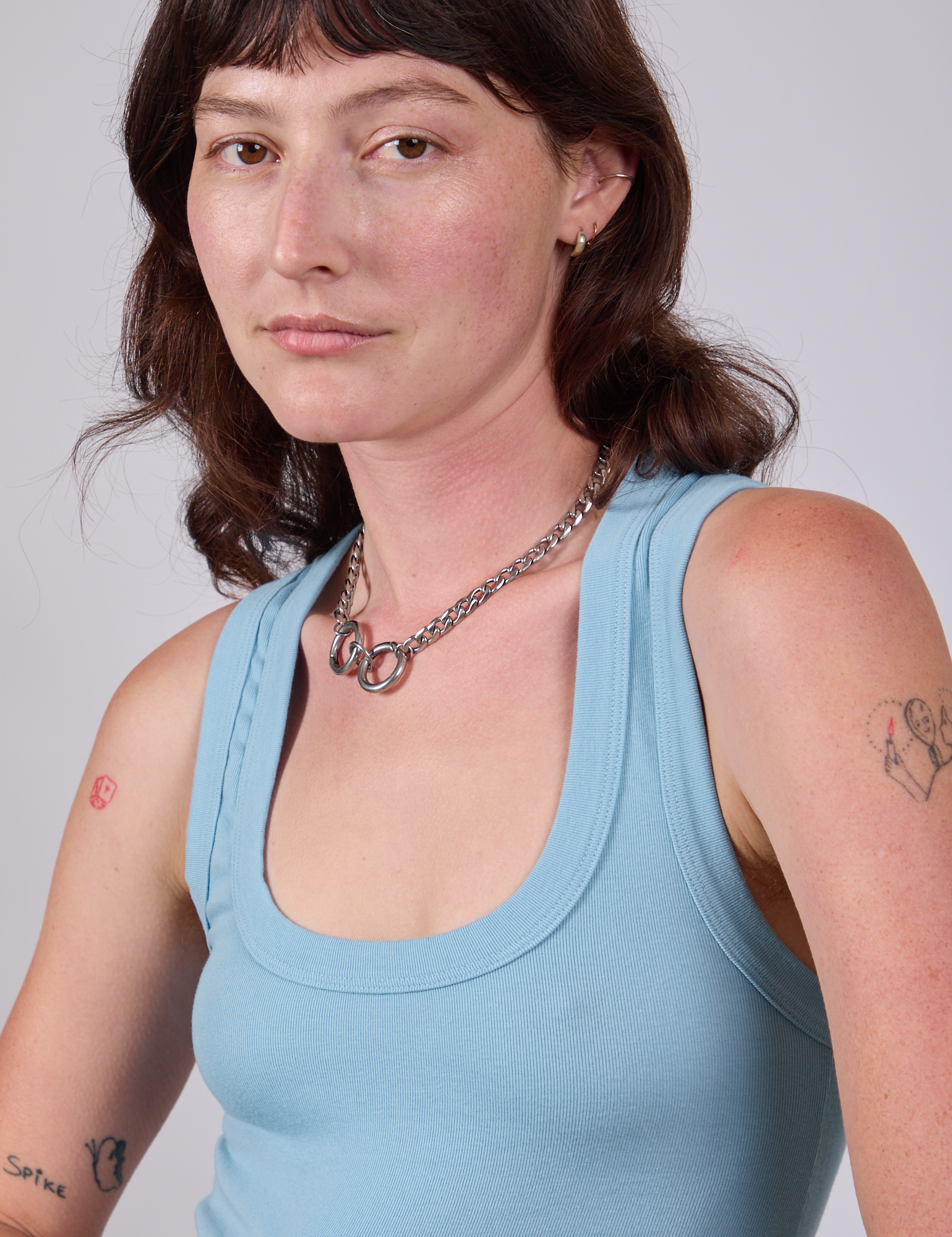 Neckline close up of Cropped Tank Top in Baby Blue on Alex