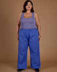 Kristen wearing the Cornflower Blue Action Pant with the Faded Grape Cropped Tank