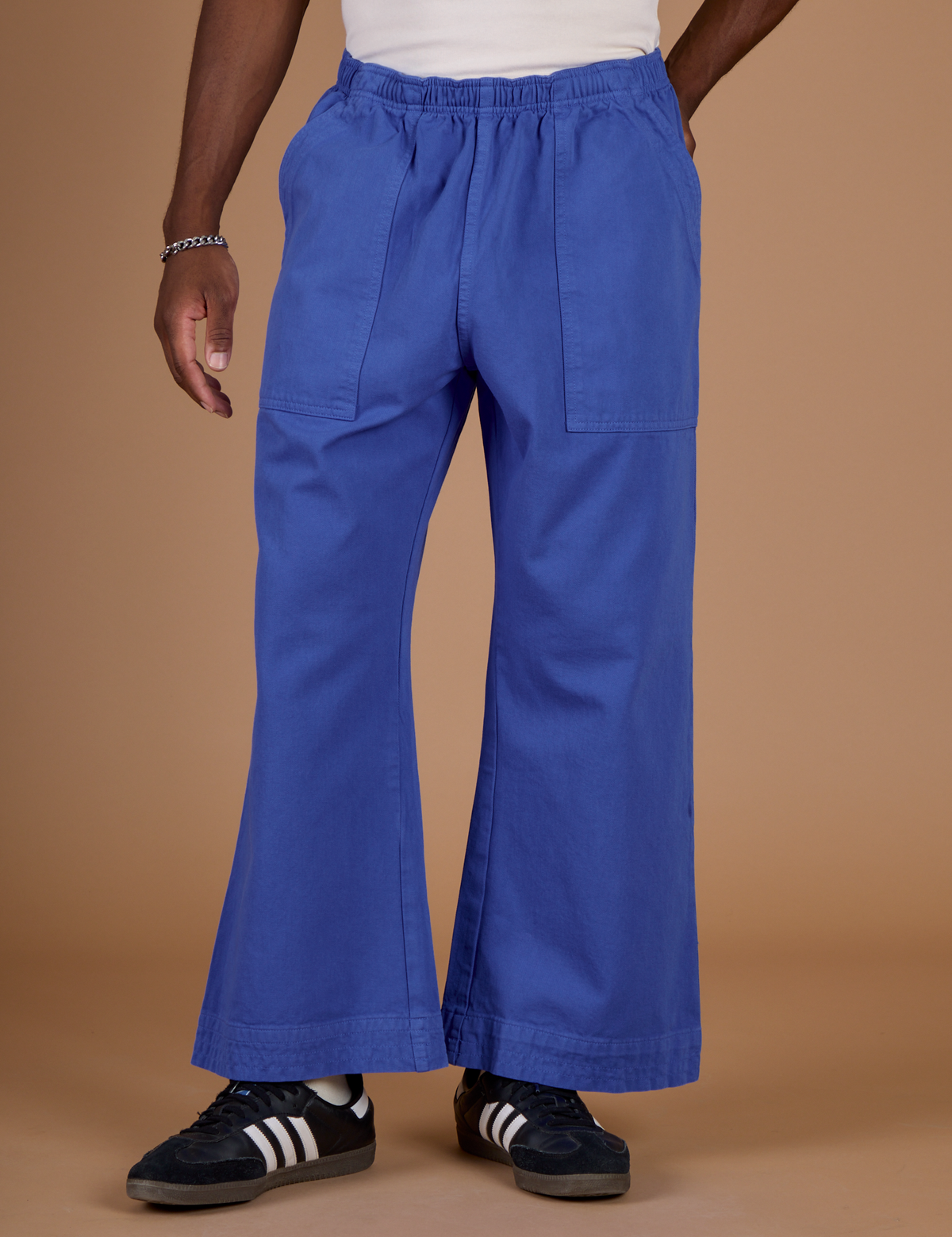 Close up of the Cornflower Blue Action Pant on Isaac