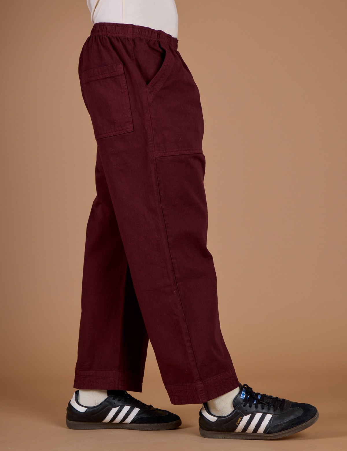 Side view of the Red Wine Action Pant on Isaac