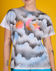Front close up of the Dark Cloud & Sky Airbrush Vintage Tee on Alex