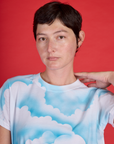 Front close up of Alex in the Cloud Coverage Airbrush Vintage Tee