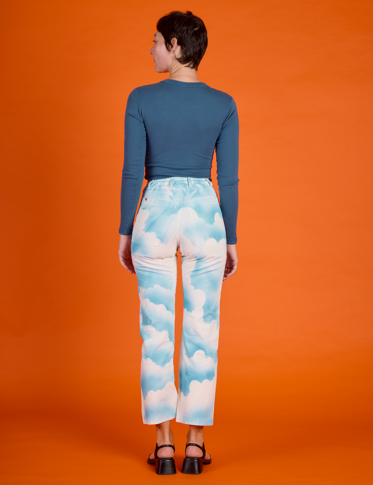 Back view of the Cloud Coverage Airbrush Work Pants on Alex