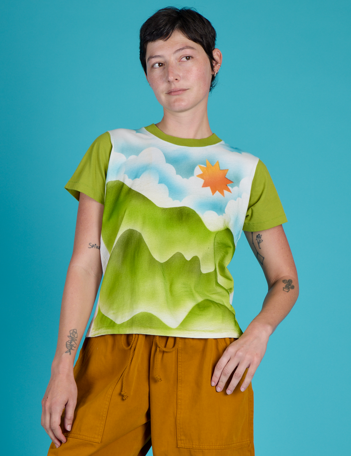 Alex is 5'8" and wearing P Green Hills Airbrush Vintage Tee