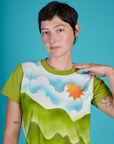 Close up of Alex wearing the Green Hills Airbrush Vintage Tee