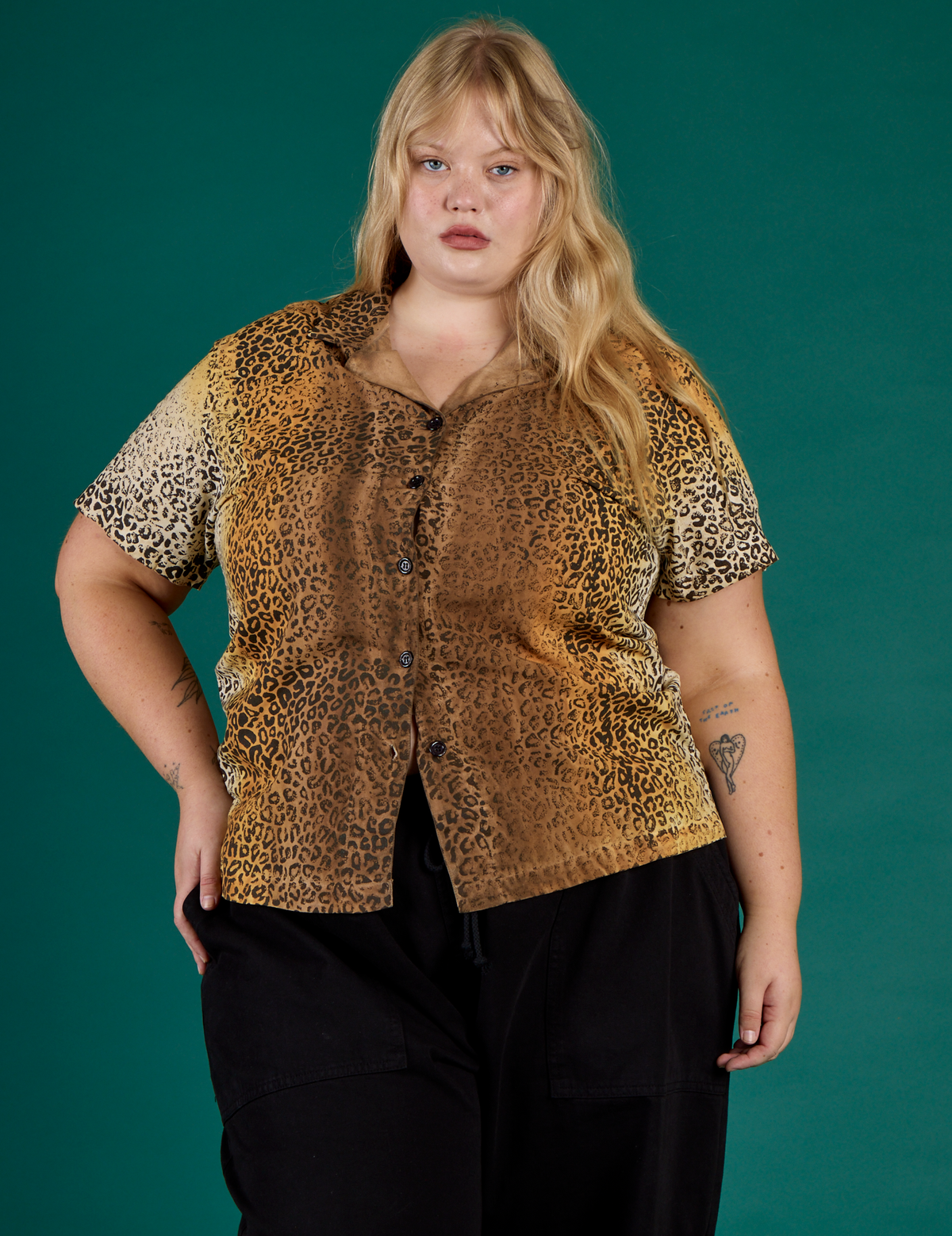 Juliet wearing the Leopard Pantry Buttoned Up