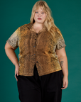 Juliet wearing the Leopard Pantry Buttoned Up