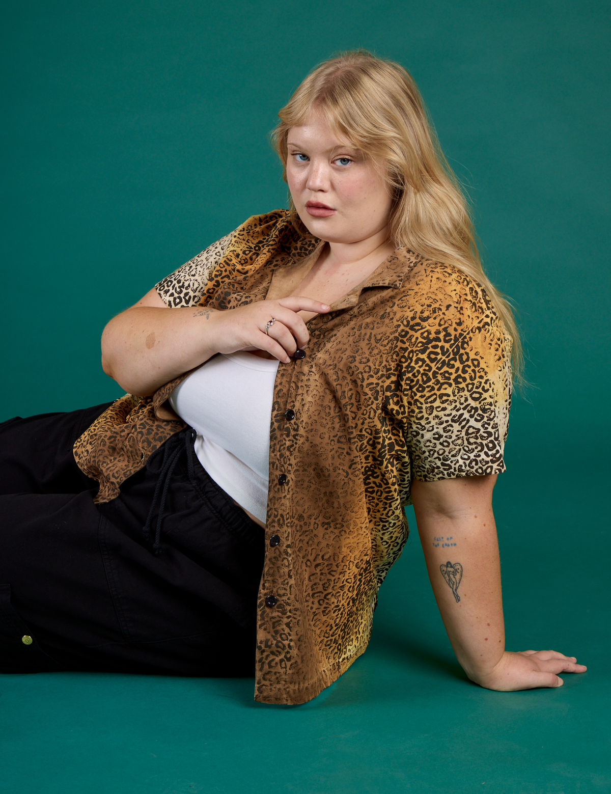 Juliet wearing the Leopard Pantry Button Up