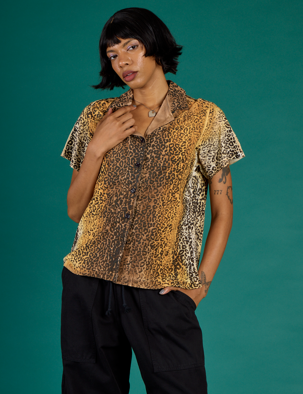 Kira wearing the Leopard Pantry Buttoned Up