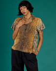 Kira wearing the Leopard Pantry Buttoned Up