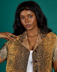 Close up of Kandia wearing the Leopard Pantry Button Up