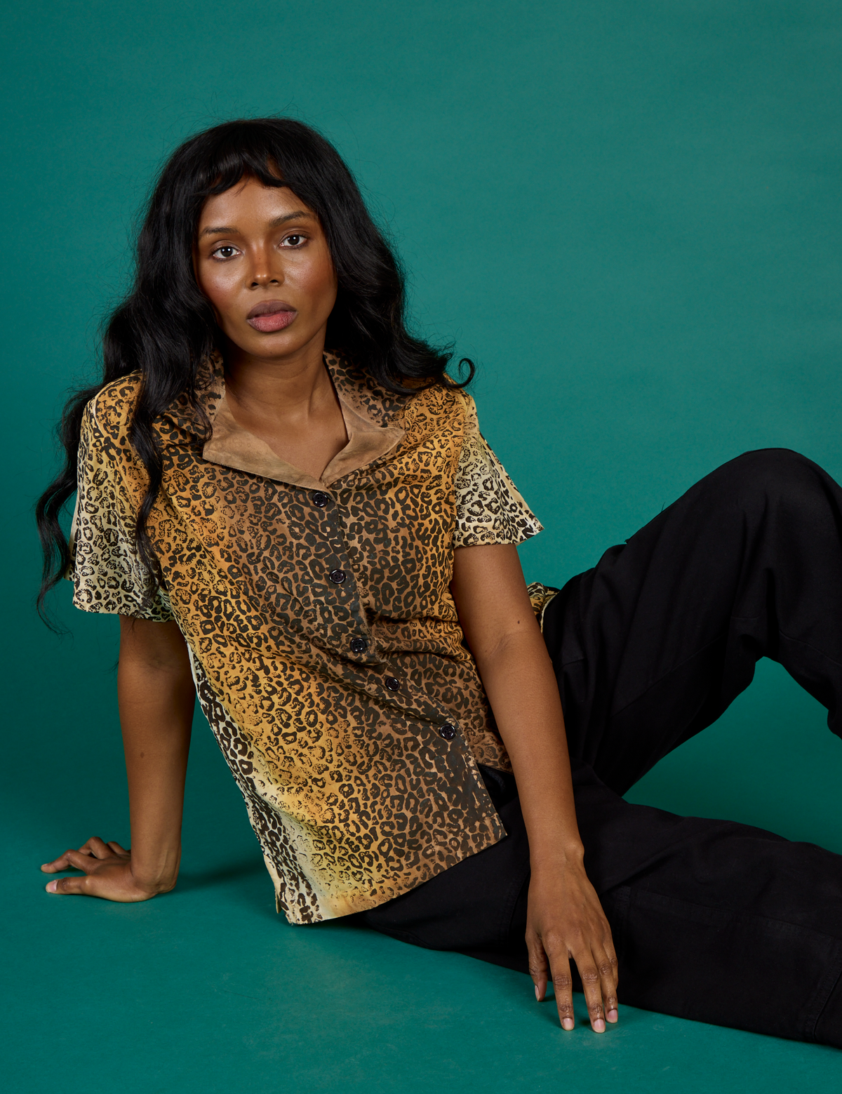 Kandia wearing the Leopard Pantry Button Up