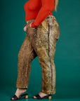 Close up side view of the Leopard Work Pant on Juliet