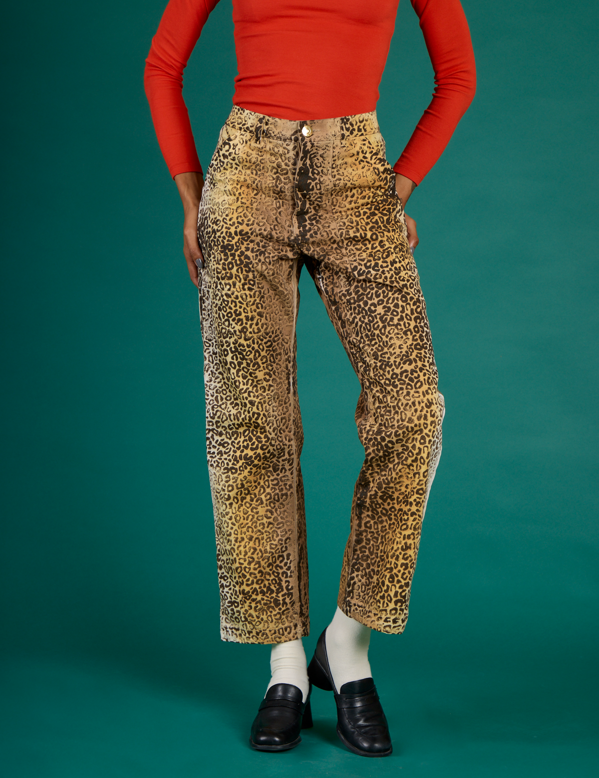 Close up of the Leopard Work Pant on Kira