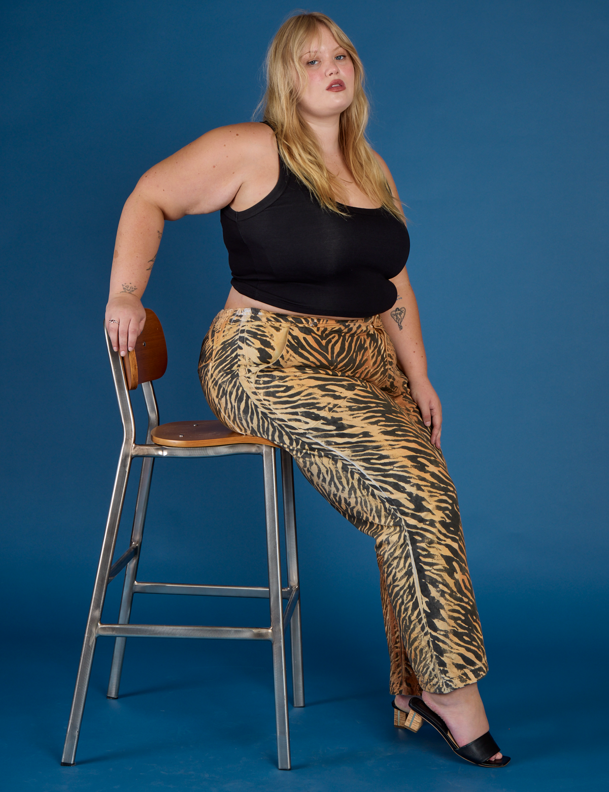 Juliet wearing the Tiger Work Pant with the Black Cropped Tank