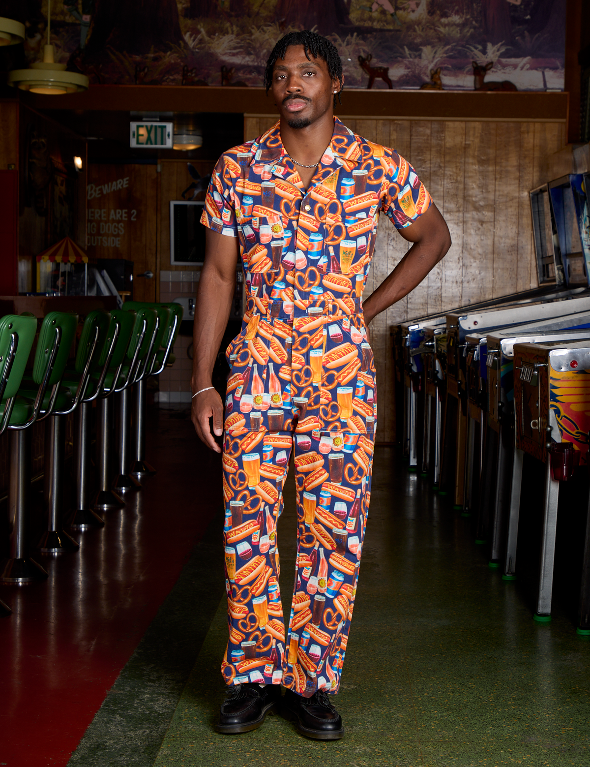 Short Sleeve Jumpsuit - Hot Dog &amp; Beer &amp; Wine &amp; Pretzels