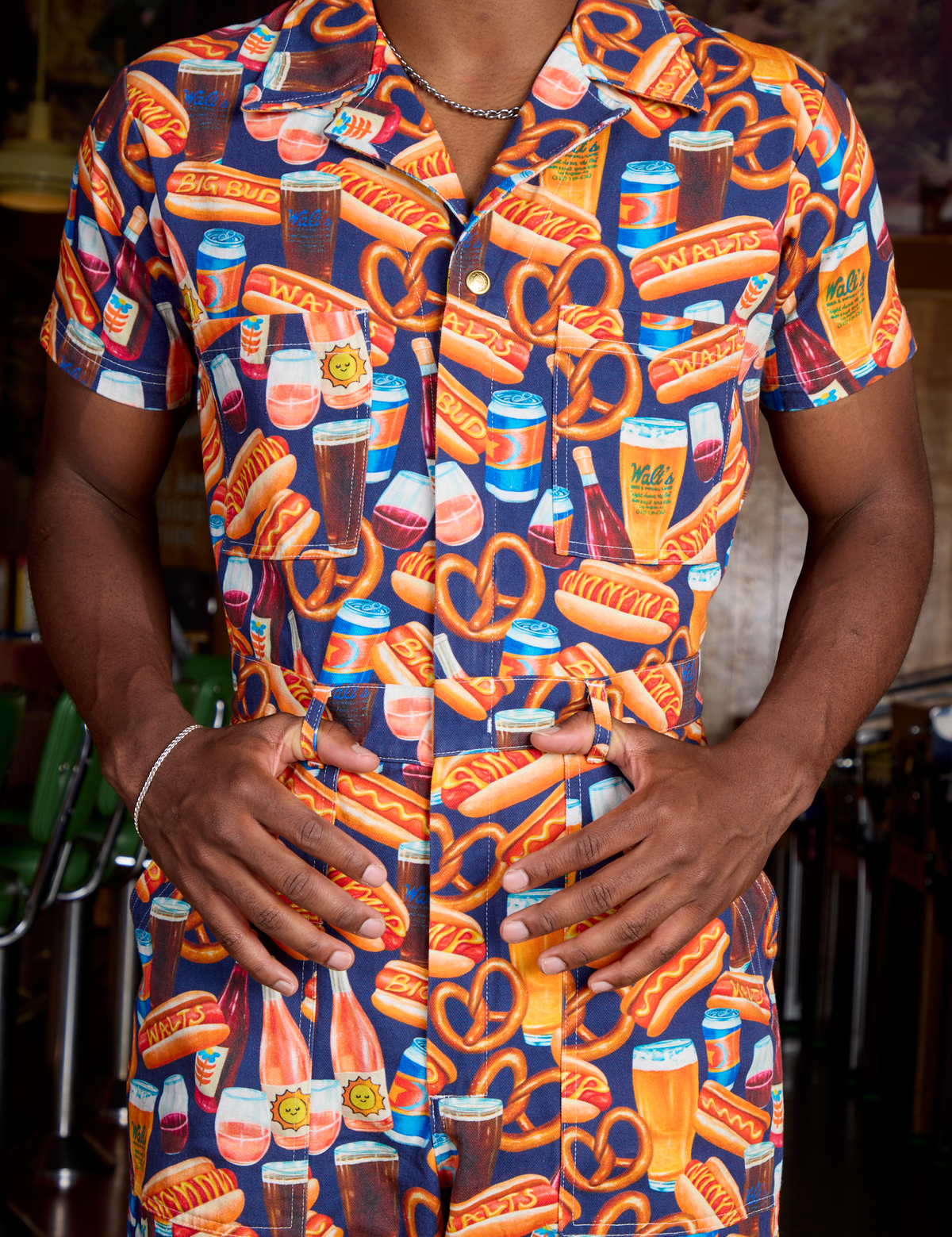 Short Sleeve Jumpsuit - Hot Dog &amp; Beer &amp; Wine &amp; Pretzels