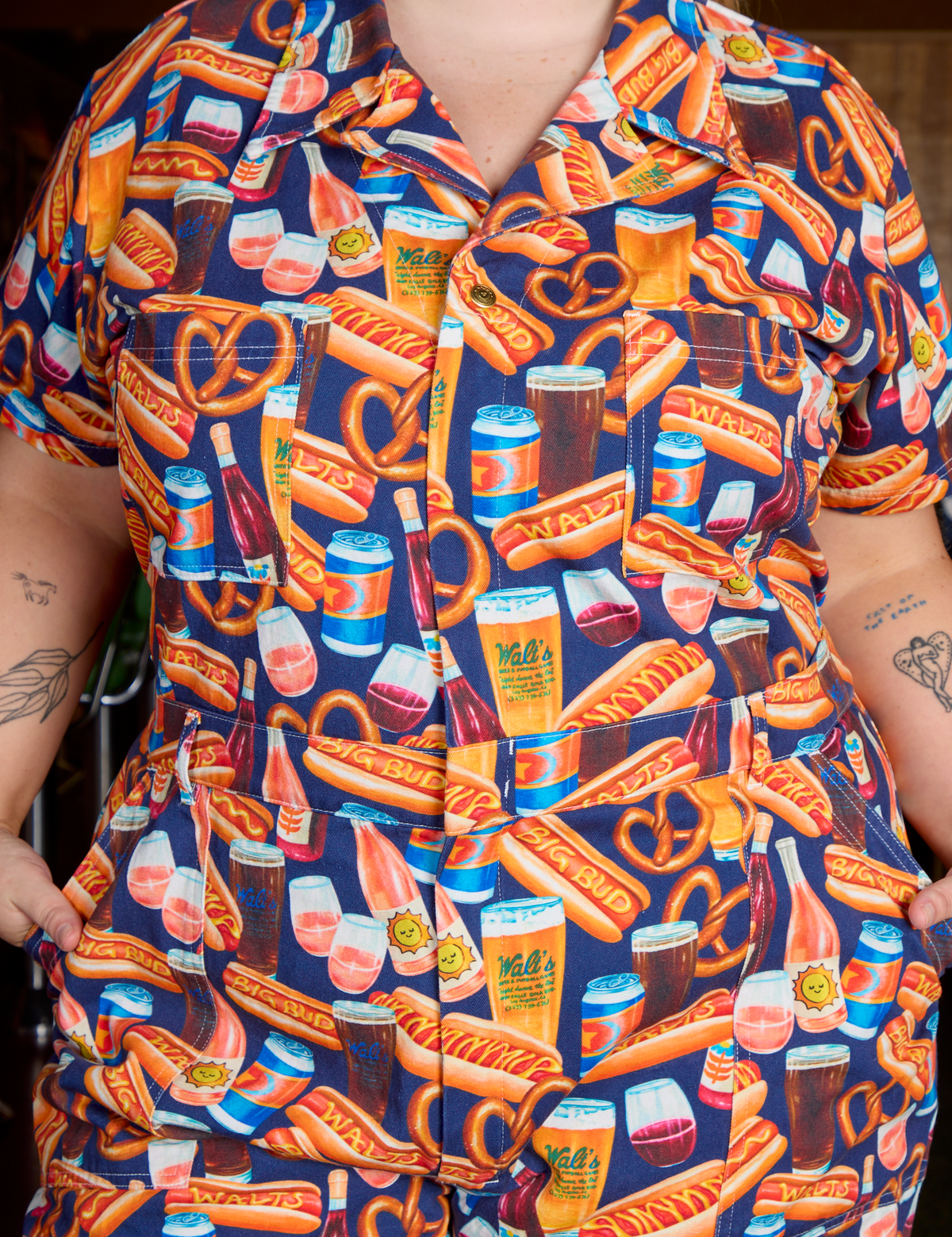 Short Sleeve Jumpsuit - Hot Dog &amp; Beer &amp; Wine &amp; Pretzels