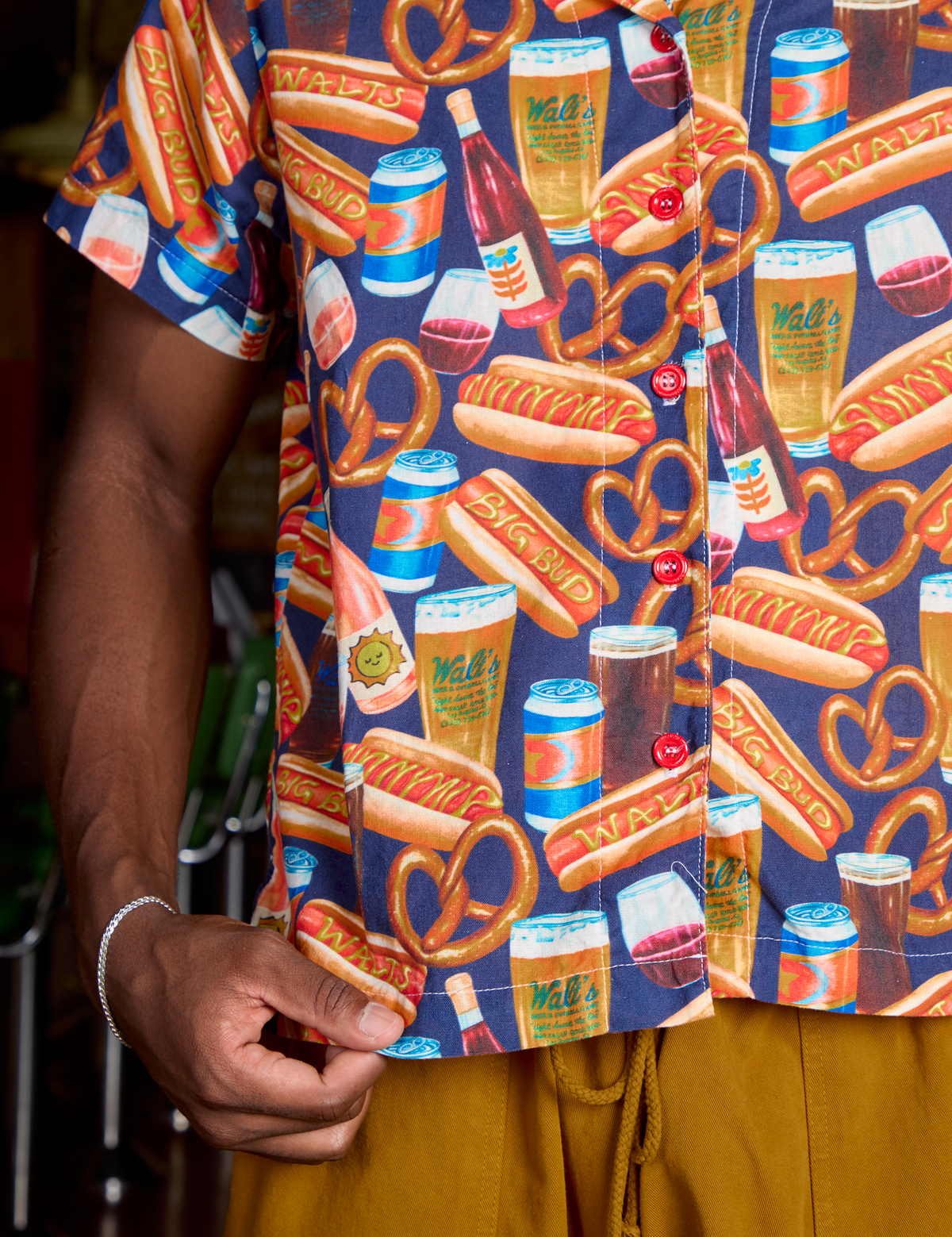 Hot Dogs &amp; Beer &amp; Wine &amp; Pretzels Pantry Button-Up