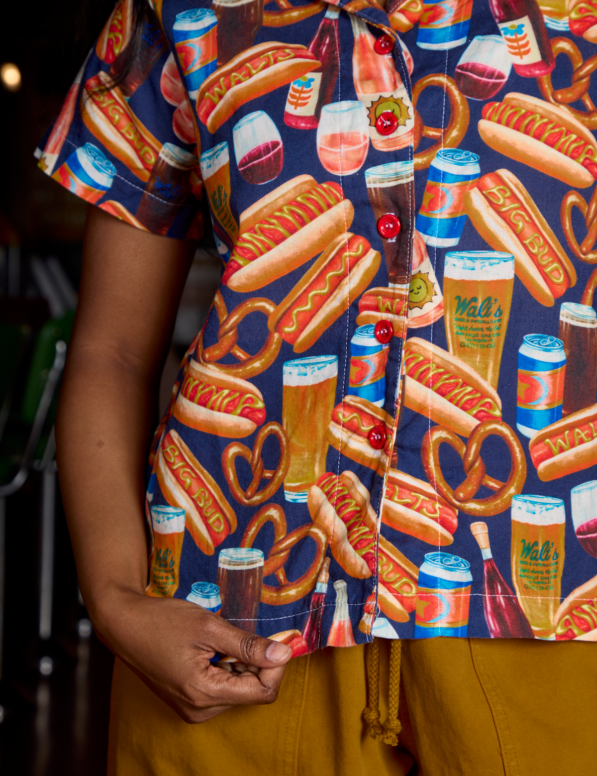 Hot Dogs &amp; Beer &amp; Wine &amp; Pretzels Pantry Button-Up