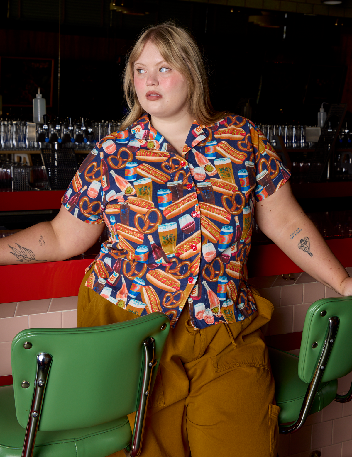 Hot Dogs &amp; Beer &amp; Wine &amp; Pretzels Pantry Button-Up