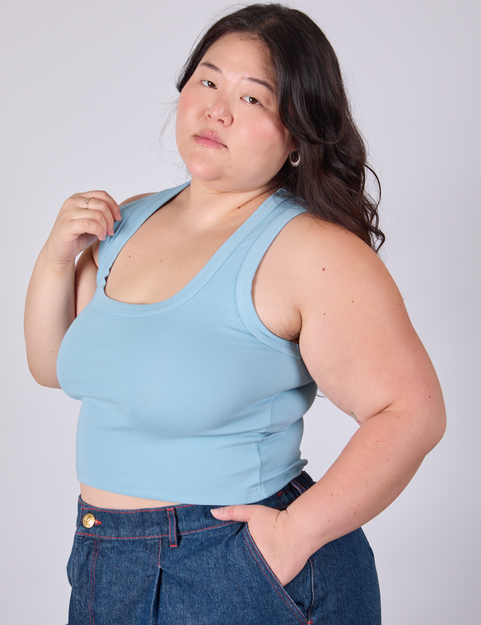 Cropped Tank Top in Baby Blue angled front view on Ashley