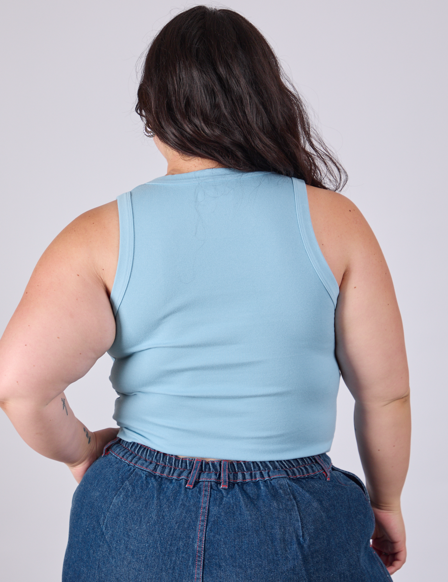 Cropped Tank Top in Baby Blue back view on Ashley