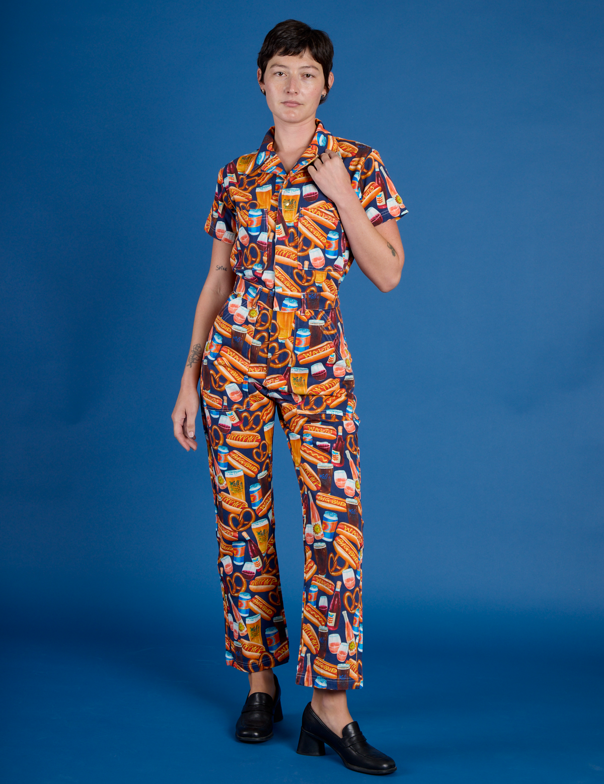 Short Sleeve Jumpsuit - Hot Dog &amp; Beer &amp; Wine &amp; Pretzels