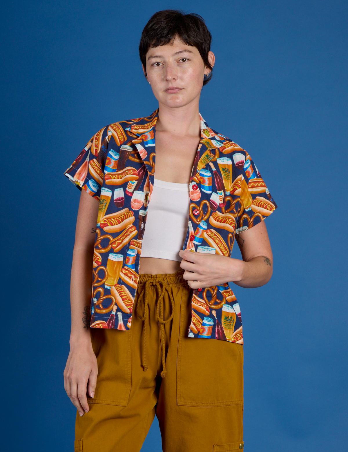 Hot Dogs &amp; Beer &amp; Wine &amp; Pretzels Pantry Button-Up