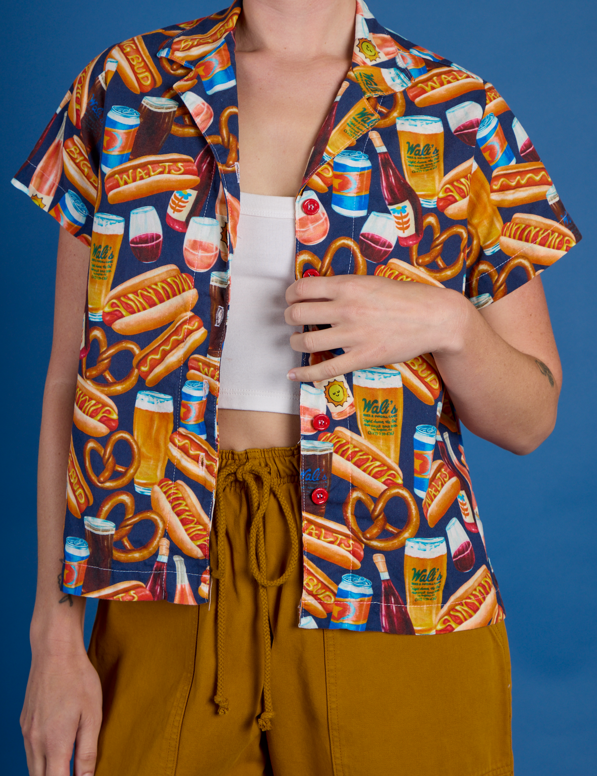 Hot Dogs &amp; Beer &amp; Wine &amp; Pretzels Pantry Button-Up