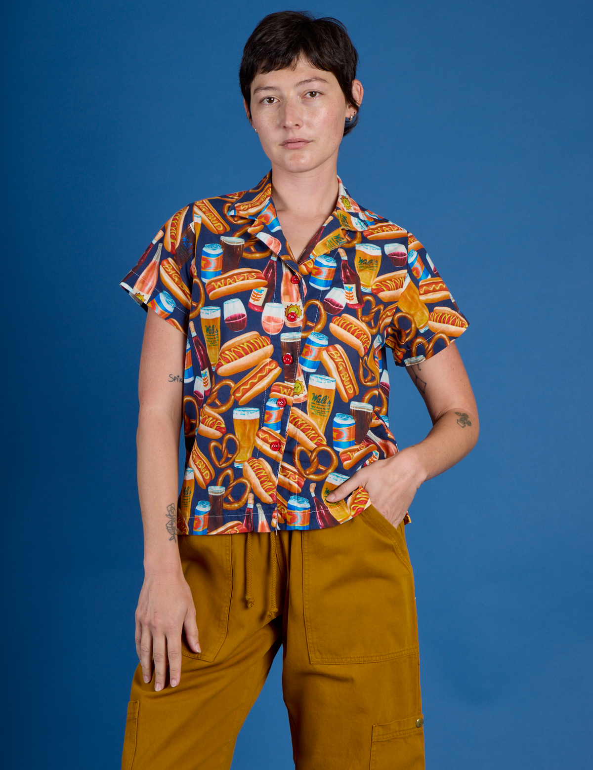 Hot Dogs &amp; Beer &amp; Wine &amp; Pretzels Pantry Button-Up