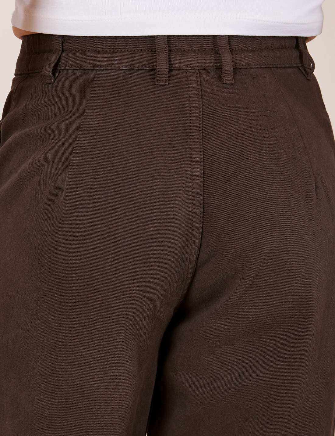 Back close up of Heavyweight Trousers in Espresso Brown on Jesse.