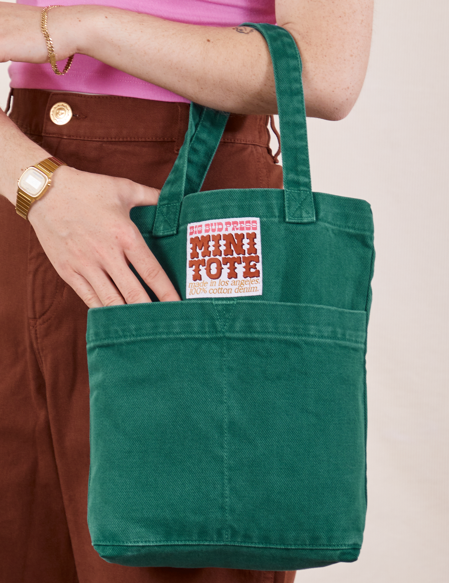 Mini Tote Bag in Hunter Green on Hana&#39;s arm