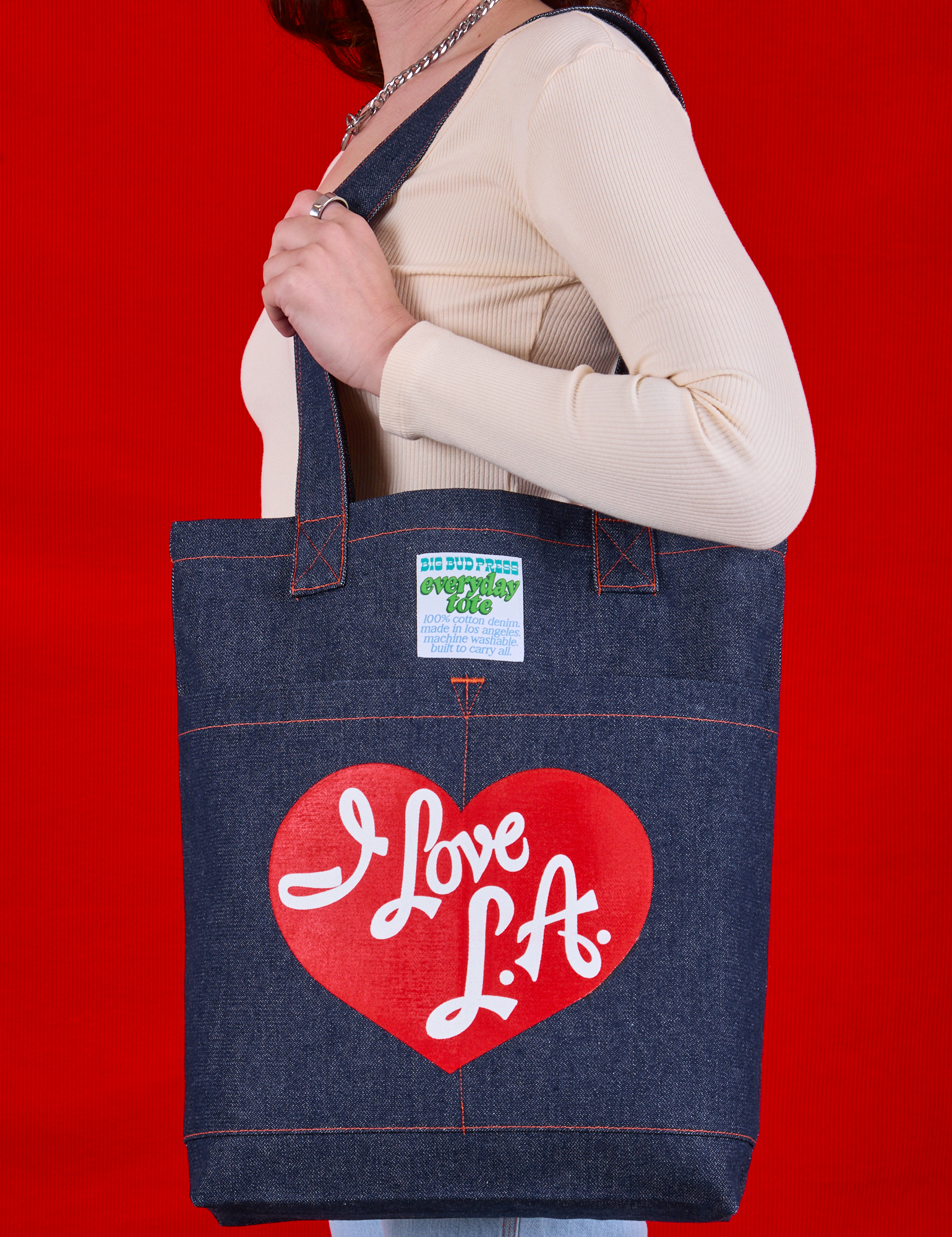 I Love LA tote worn over should of model