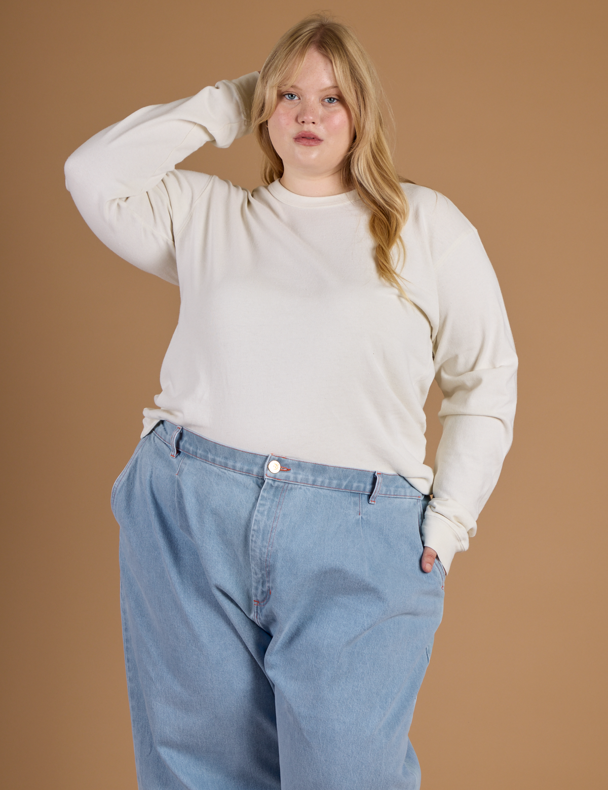 Juliet wearing the Vintage Tee White Long Sleeve Burly Tee tucked in