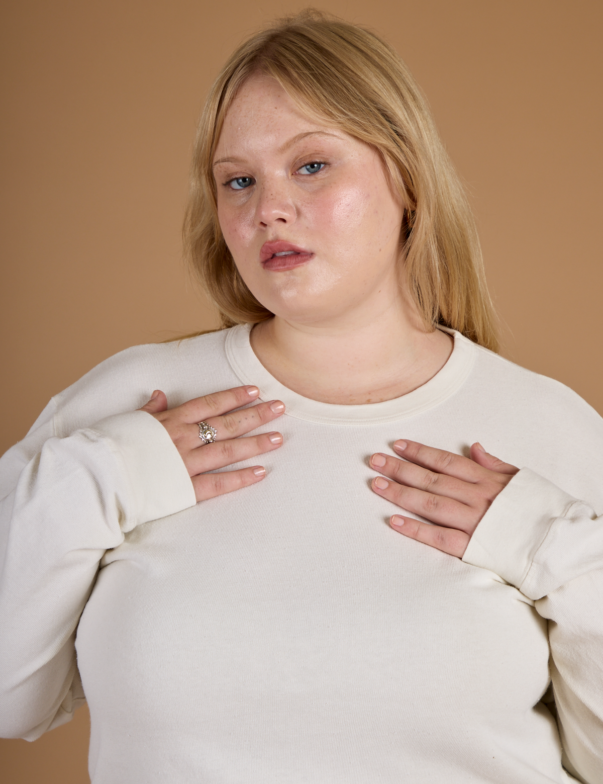 Close up of Juliet in the Vintage Tee White Long Sleeve Burly Tee
