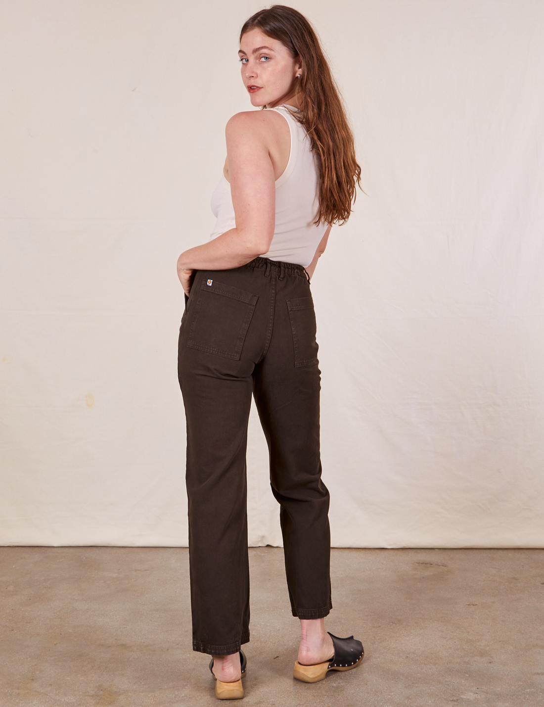 Work Pants in Espresso Brown back view on Allison wearing vintage off-white Tank Top
