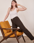 Work Pants in Espresso Brown on Allison wearing vintage off-white Tank Top