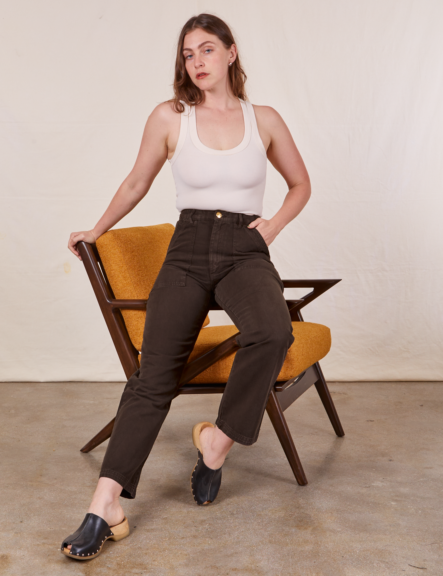 Work Pants in Espresso Brown on Allison wearing vintage off-white Tank Top