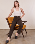 Work Pants in Espresso Brown on Allison wearing vintage off-white Tank Top