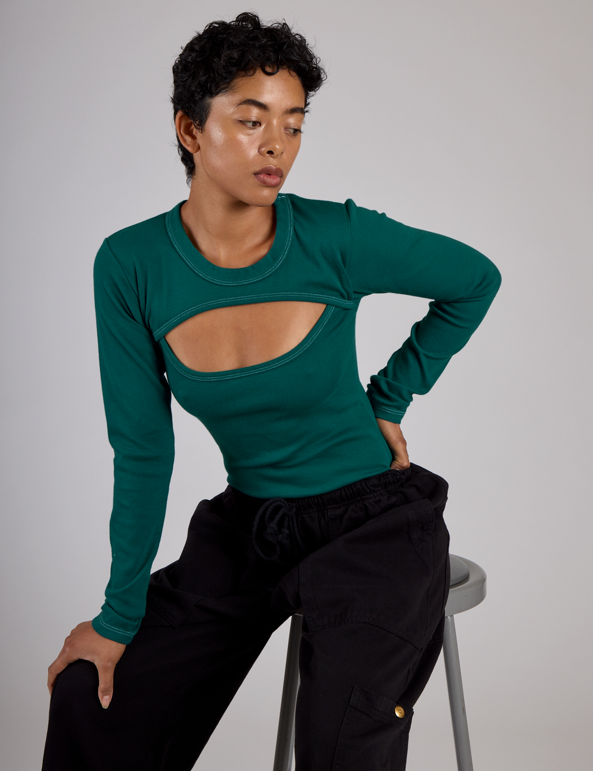 Mika wearing the Hunter Green Long Sleeve Porthole Tee