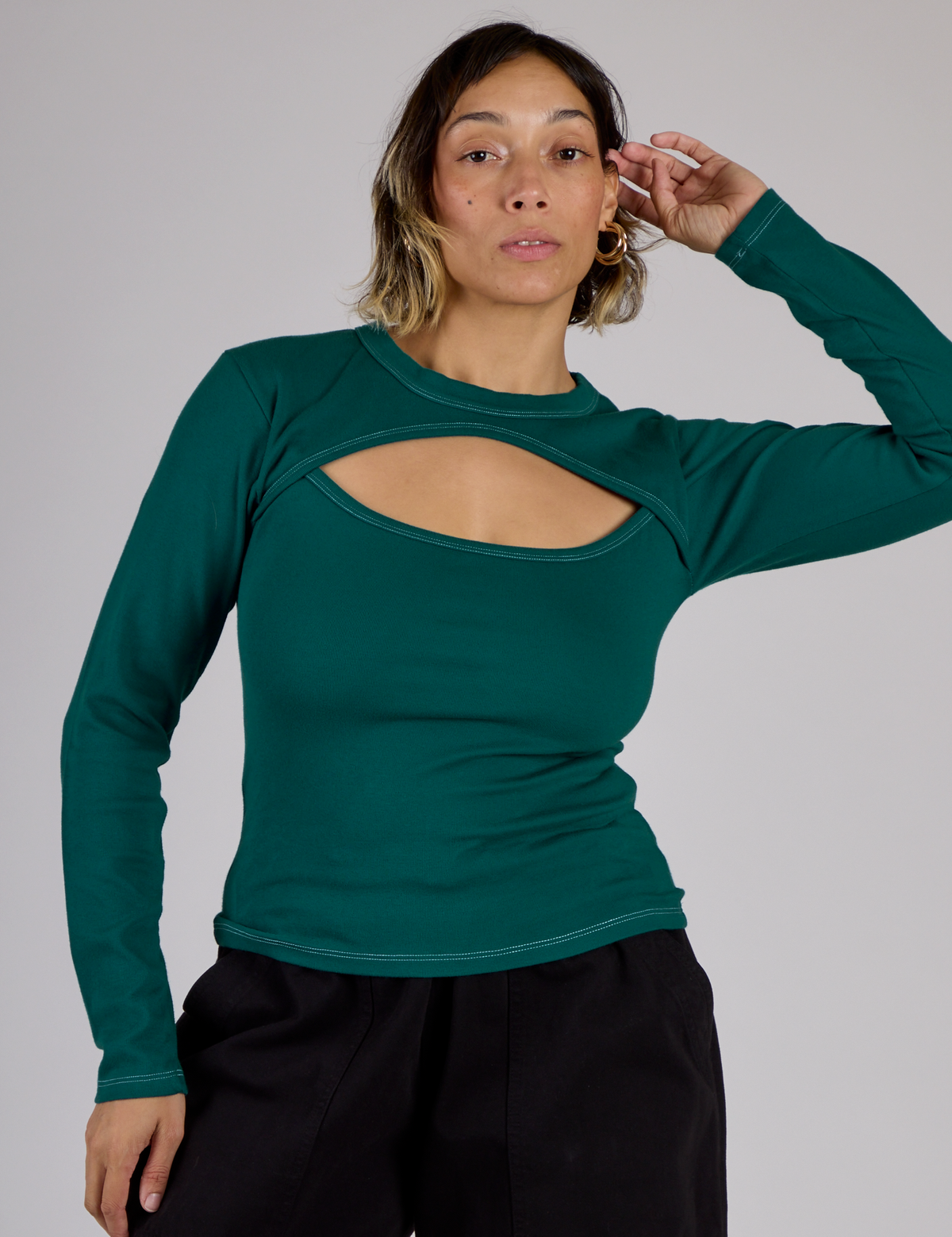 Tiara wearing the Hunter Green Long Sleeve Porthole Tee