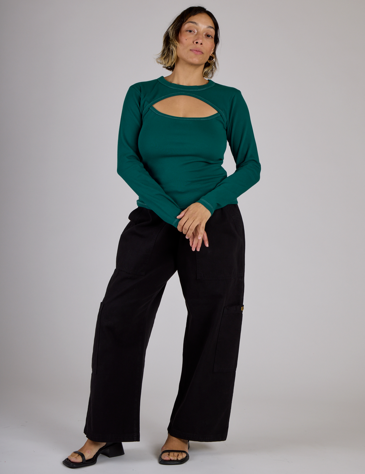 Tiara wearing the Hunter Green Long Sleeve Porthole Tee with Black Drop Pocket Pants