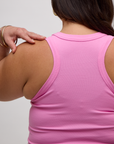 Close up Back view of the P Bubblegum Pink Deep Cut Racerback on Kristen