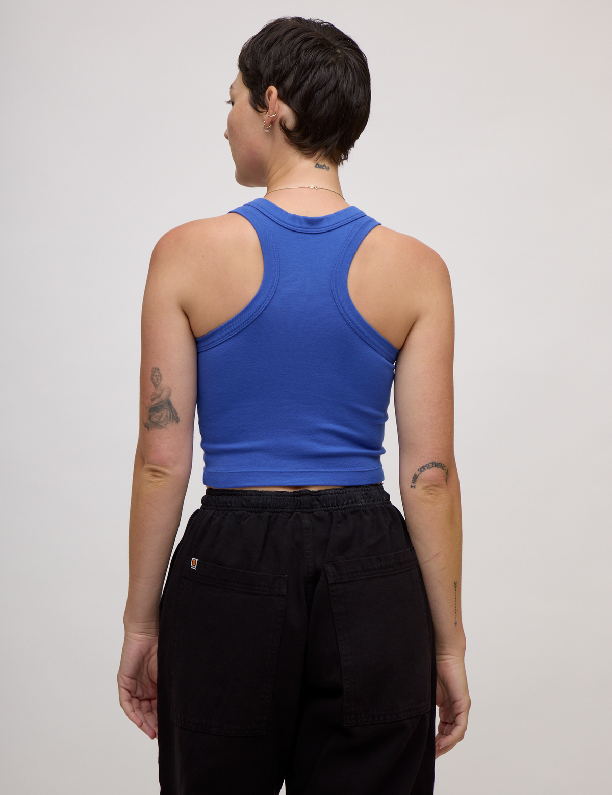 Back view of the Cornflower Blue Deep Cut Racerback on Alex